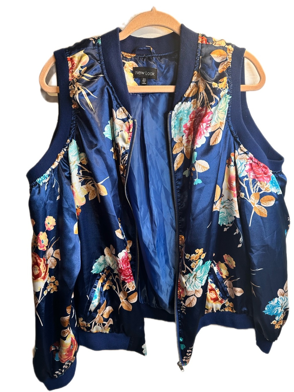 Rare-Retro-Sexy- Cold Shoulder- Satin Floral Navy Jacket 2X